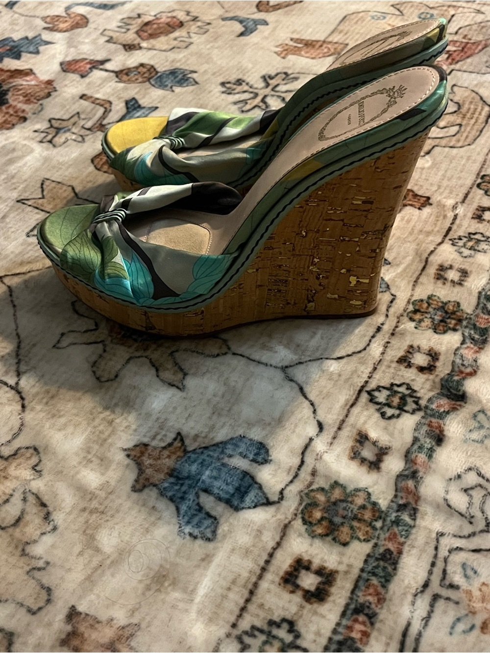 Emilio Pucci Green Multi-Print Knotted Cork Wedge Sandals